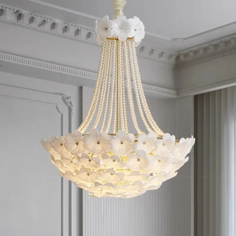 French Cream Style Glass Flower Chandelier Luxury Warm Romantic Light for Bedroom Dining Room Living Room Advanced Internet