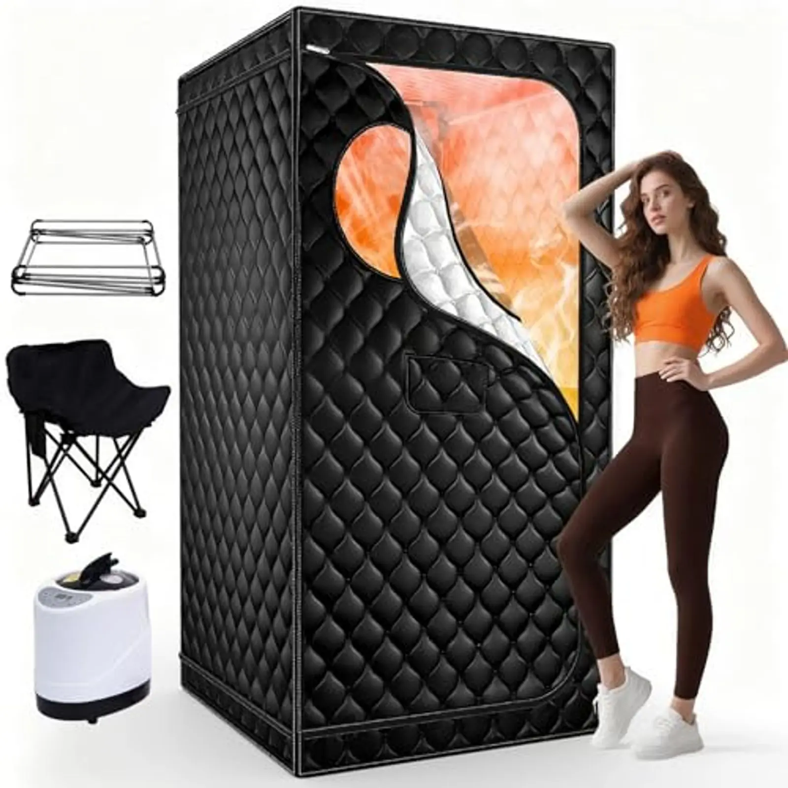 

Upgraded Personal Sauna Box, Portable Full Size Steam Sauna Tent with 3L Steamer 1300W, Folding Chair for Home Spa Relaxation, E