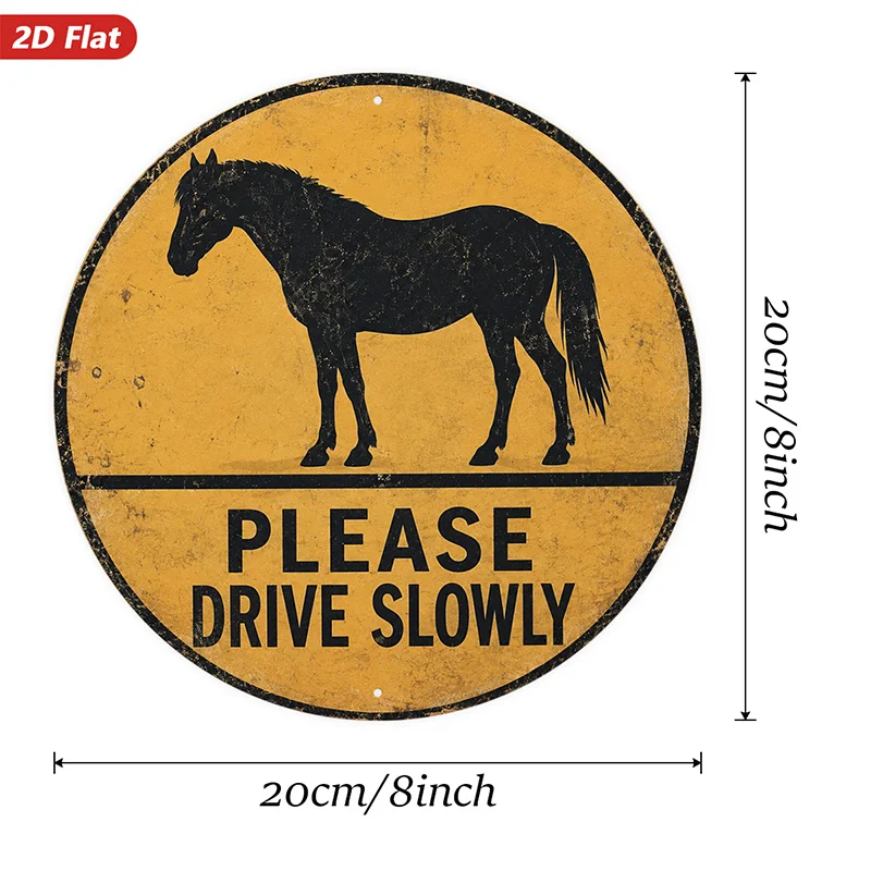 2D Flat, 1pc Rustic Horse Warning Round Metal Sign Wall Art, Black Horse Silhouette, Please Drive Slowly Message, Distressed Yel