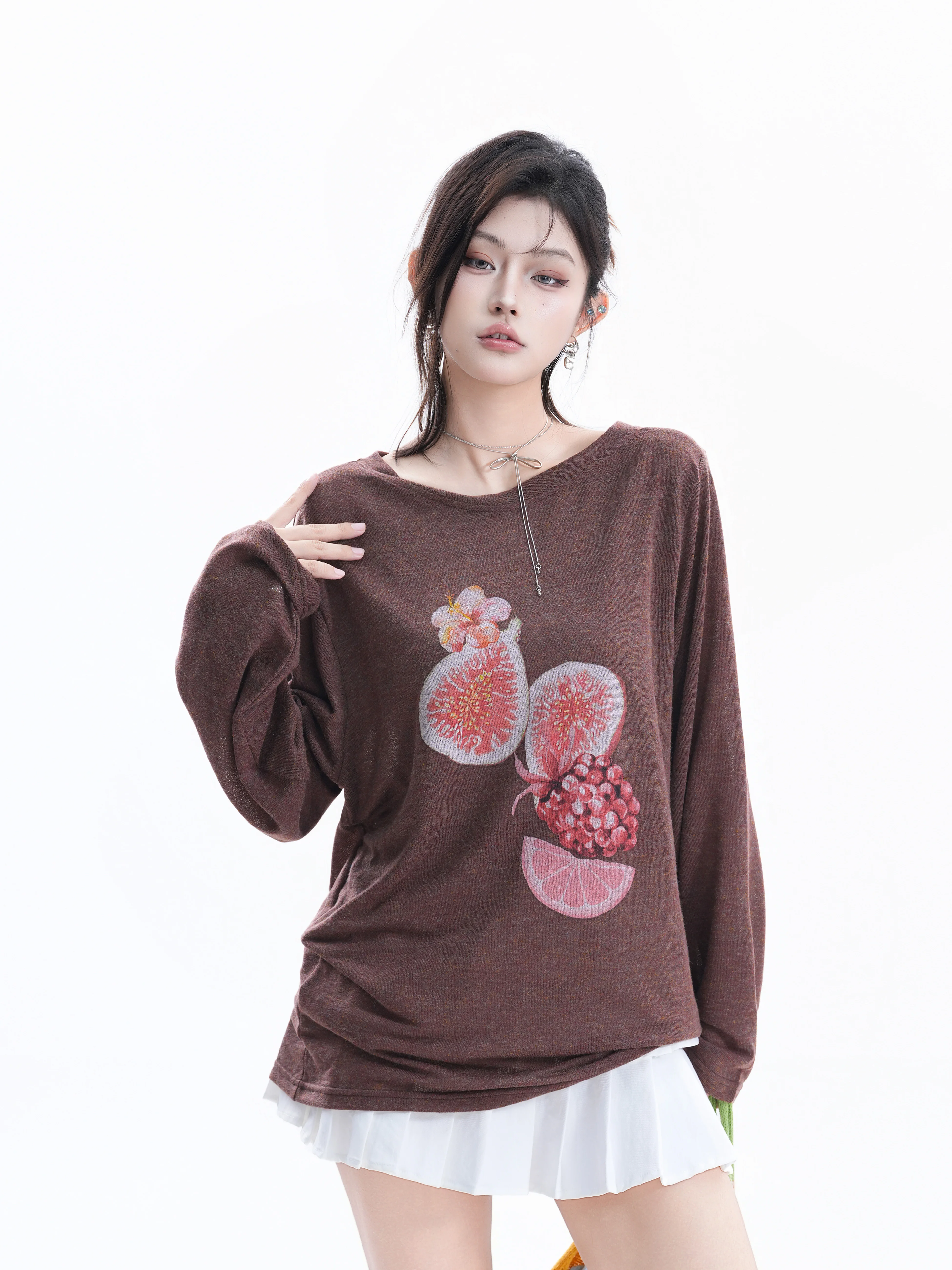 Loose Women's Long Sleeve T-Shirt Casual Style Printed  Draped Shoulder American Retro Figurine Cotton Polyester Blend
