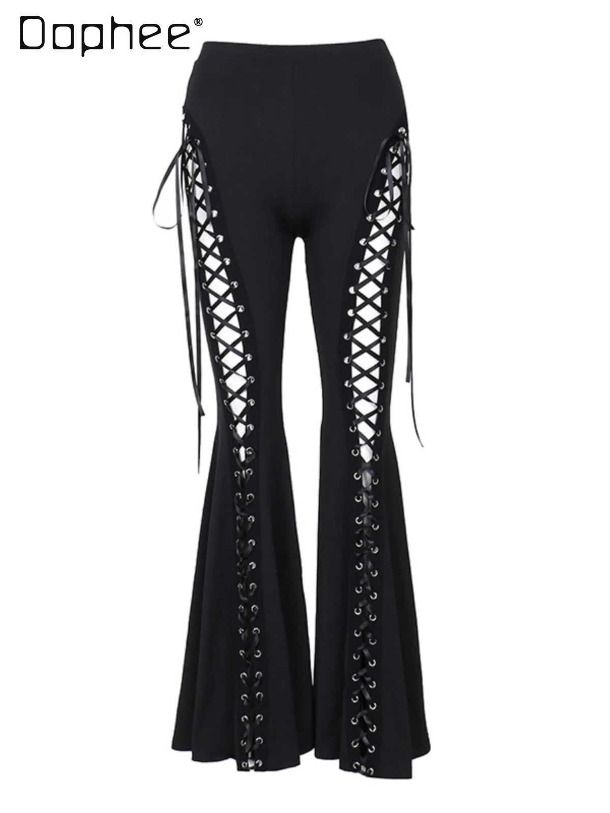 

Sexy Bandage Flared Pants Women Hollow Out Slim High Waist Bell Bottoms Punk Gothic Black Lace Up Flared Trousers Female Trendy