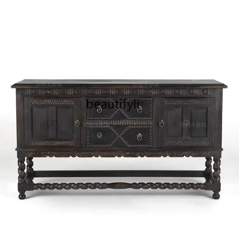 Customized furniture American solid wood carved entrance cabinet French oak distressed sideboard