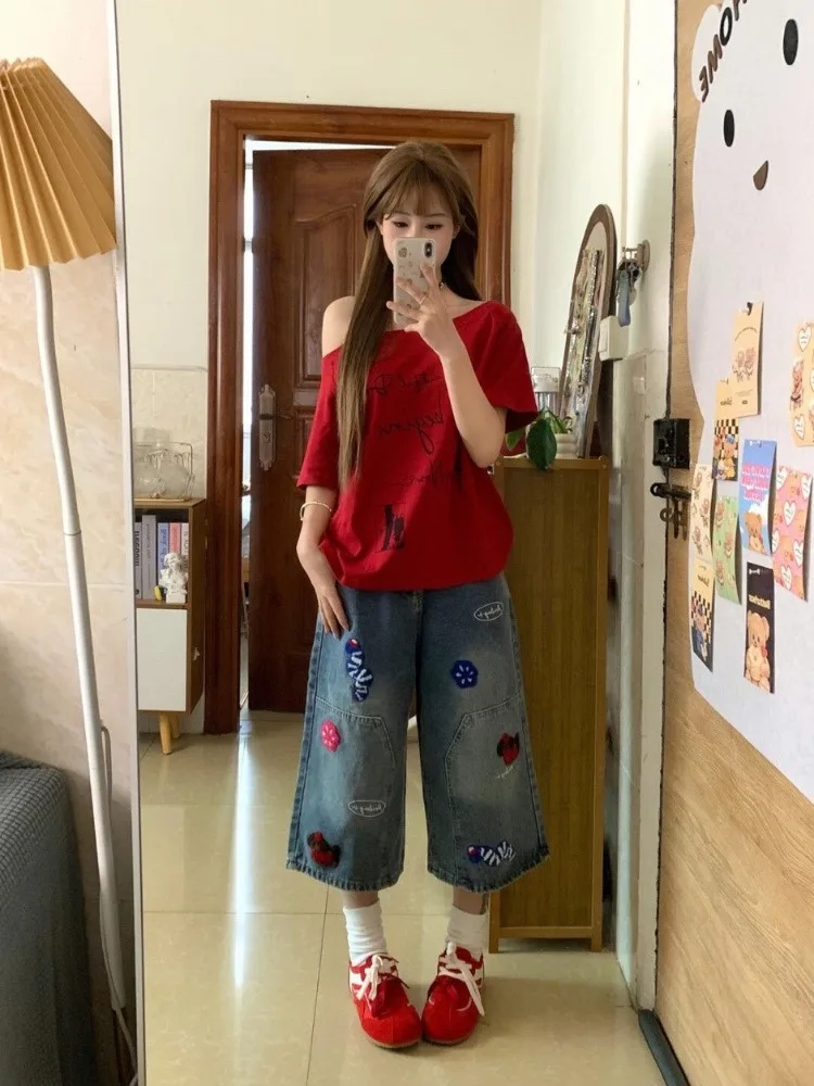 Summer Women's Embroidery Pattern Denim Shorts Streetwear Casual Pants Young Girls Mid-calf Trousers Female Baggy Sweatpants