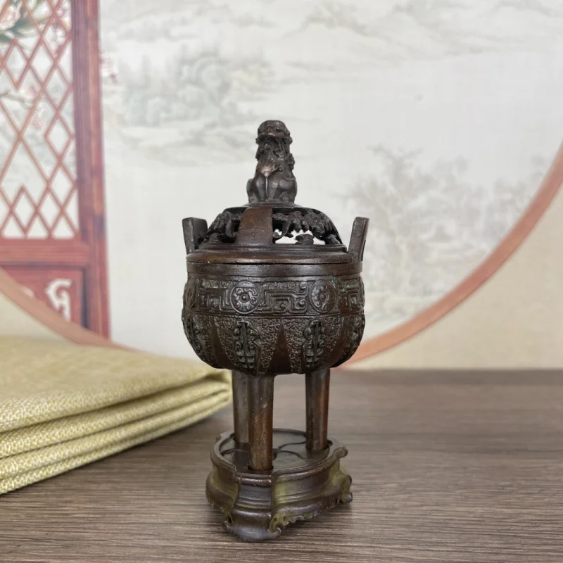 Antique Bronze -Legged Ornament, Retro Chinese Style Lion-Capped Censer with Base, Three-Piece Decorative Collection