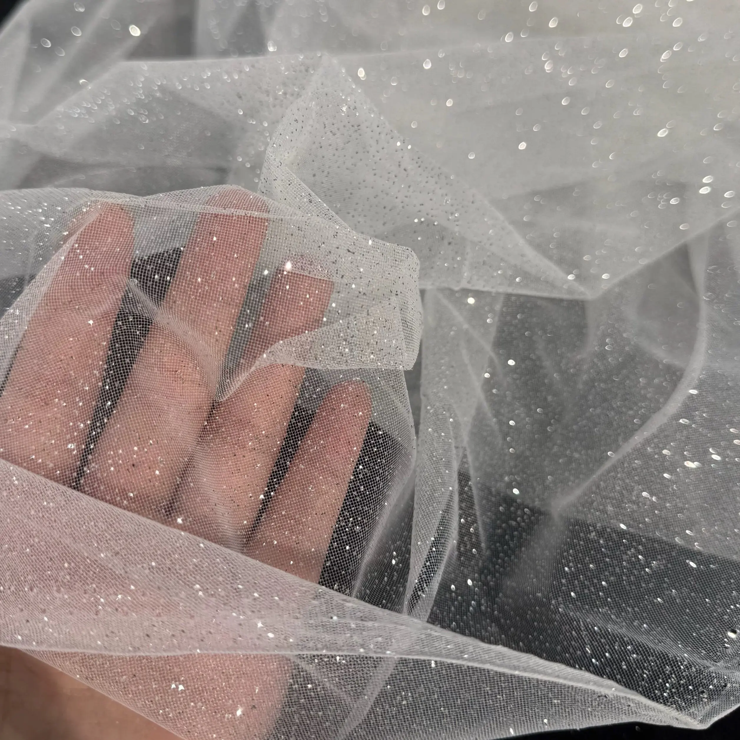 White Shiny Sequins Transparent Mesh Draping Fabric for Wedding Scene Background Layout Fabric