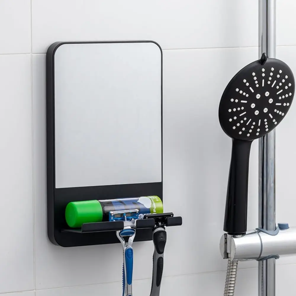 

TAILI Shower Shaving Mirror with Storage Tray, with Razor Holder, Suction Cup Removable, Shatterproof, Fogless Bathroom Mirror