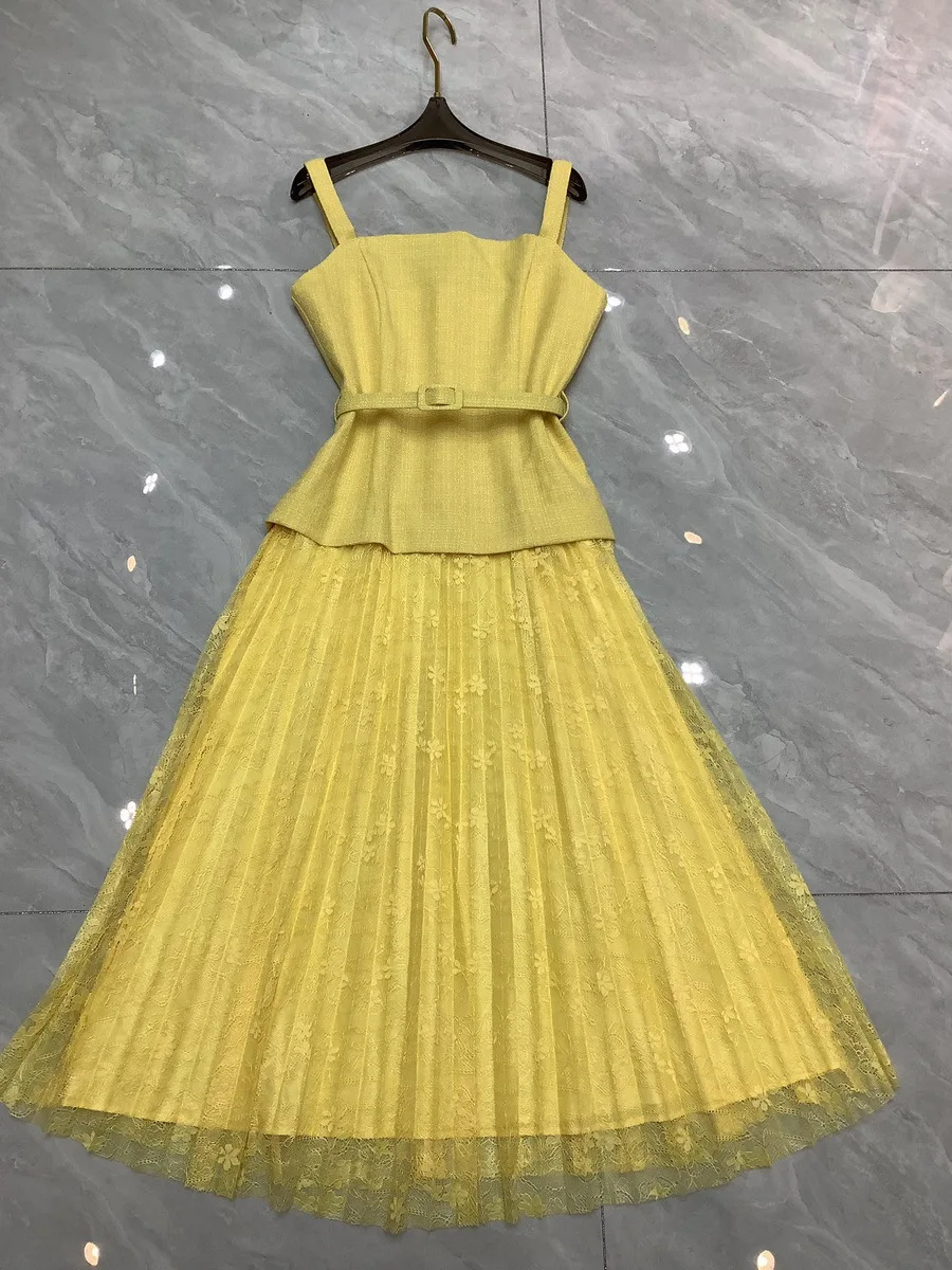 

European and American women's clothing 2025 summer new suspenders sleeveless Tweed patchwork lace Fashion pleated dress XXL