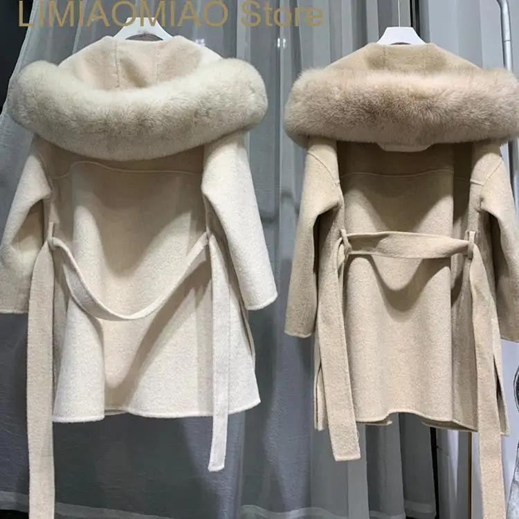 New European luxurious Women real Cashmere fur wool blends coats Real Fox Fur Hooded winter woolen Outerwear Casacos pele