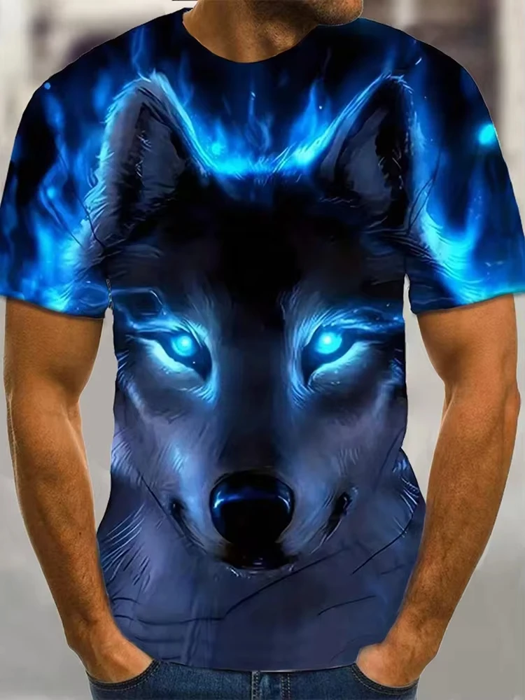 Men's T-shirt Wolf Print Casual Streetwear Fashion Short-sleeved Pullover Summer Outdoor Sports Top Tee Oversized Clothing image 4