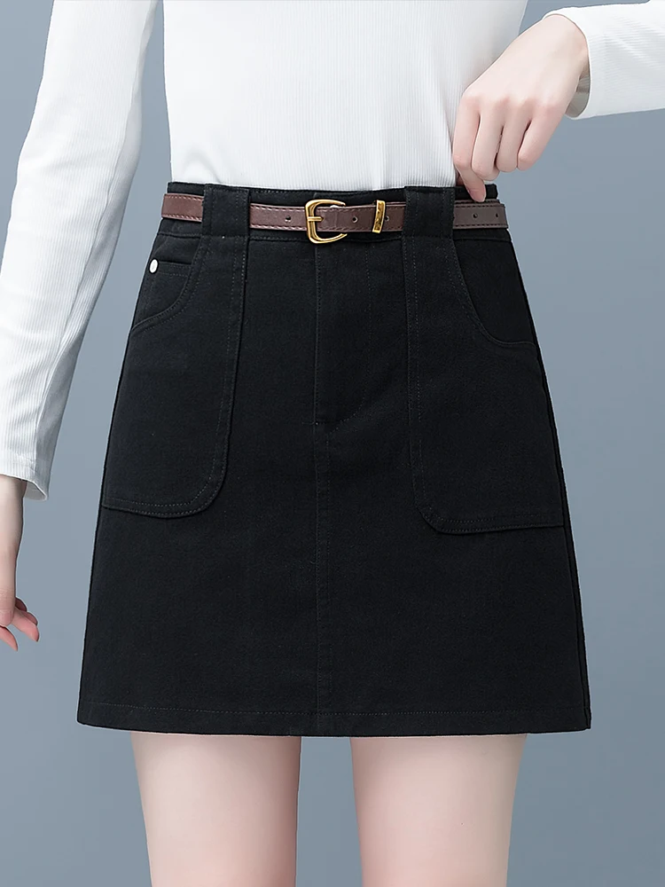 

Black High Waist A-Line Skirt Women's Spring Autumn New Style Slim Fit Short Skirt Commute Korean Style Cotton Blend