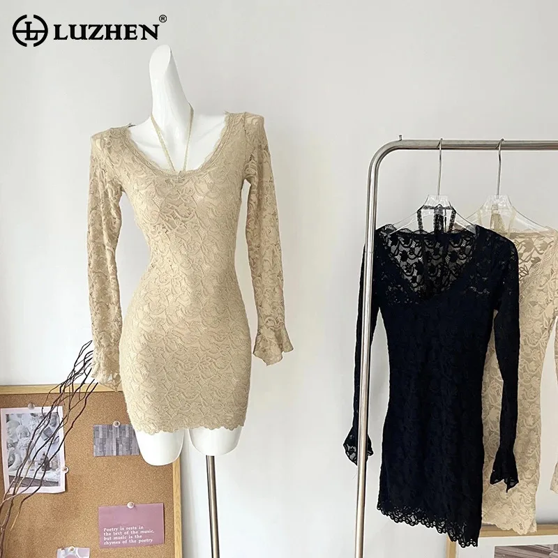 LUZHEN French Lace Splicing Design Long Sleeve Dresses Women's Elegant Social Big V Neck Slim Fit Short Dress Bodycon New AA2370