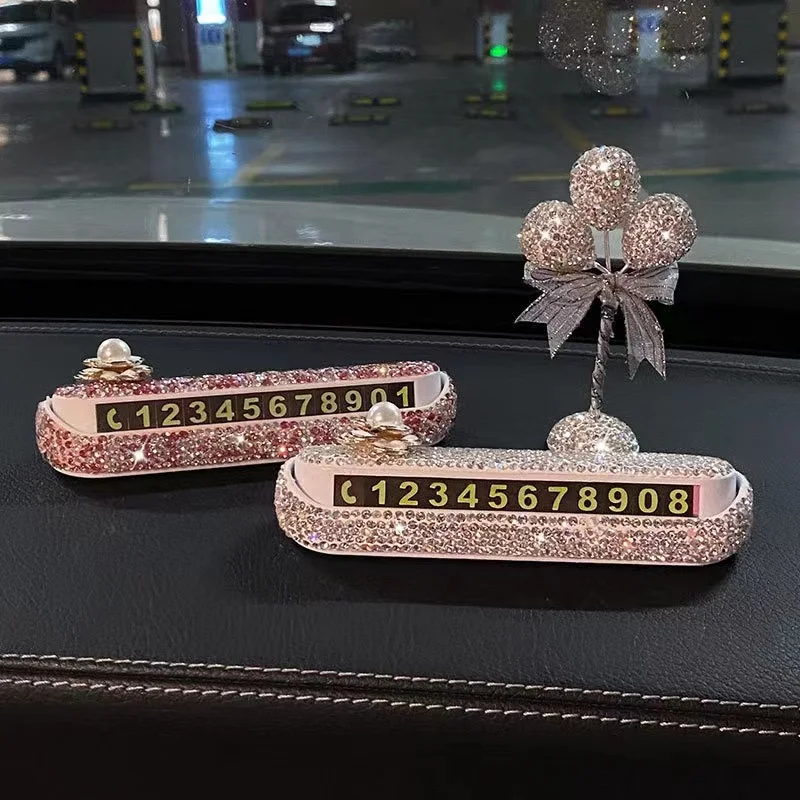 High-end Car Temporary Parking Sign Women Diamond Inlaid Car Ornament Creative Phone Number Mobile Card Car Decoration Gifts