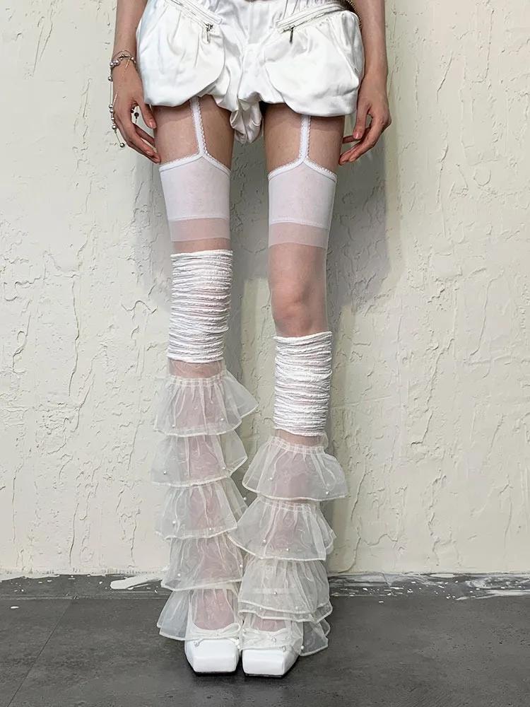 

Japanese Harajuku Lace Knee Sleeve Socks Subculture Sweet Kawaii Mesh Lace-up Over The Knee Skinny Leg Socks White