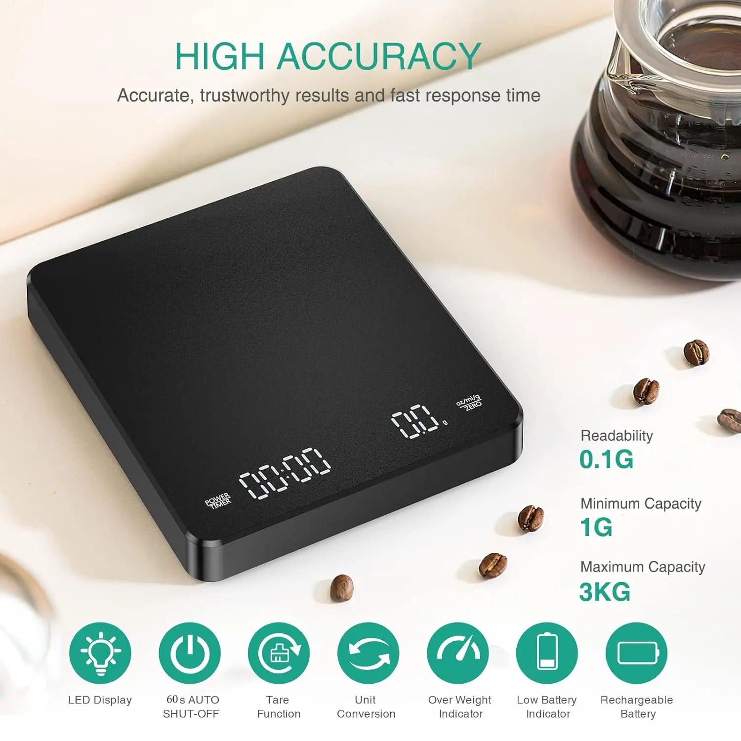 3 كجم/0.1 جرام شاشة الكريستال السائل موازين القهوة 250 مللي أمبير أوقية/مل/جم التوازن مع توقيت عالية الدقة المقاومة للحرارة 135 ℃   قياس الوزن #2