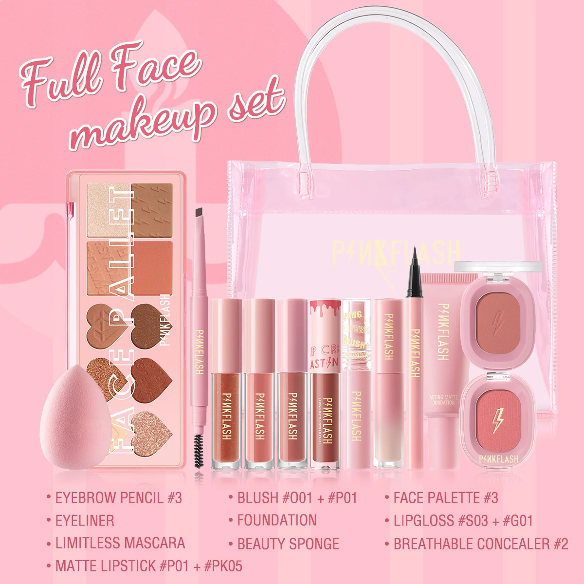 PINKFLASH 1 Anniversary Full Face Makeup set Liquid Concealer Foundation Beauty Lip Gloss Mascara Eyeliner Face Blush Cosmetic