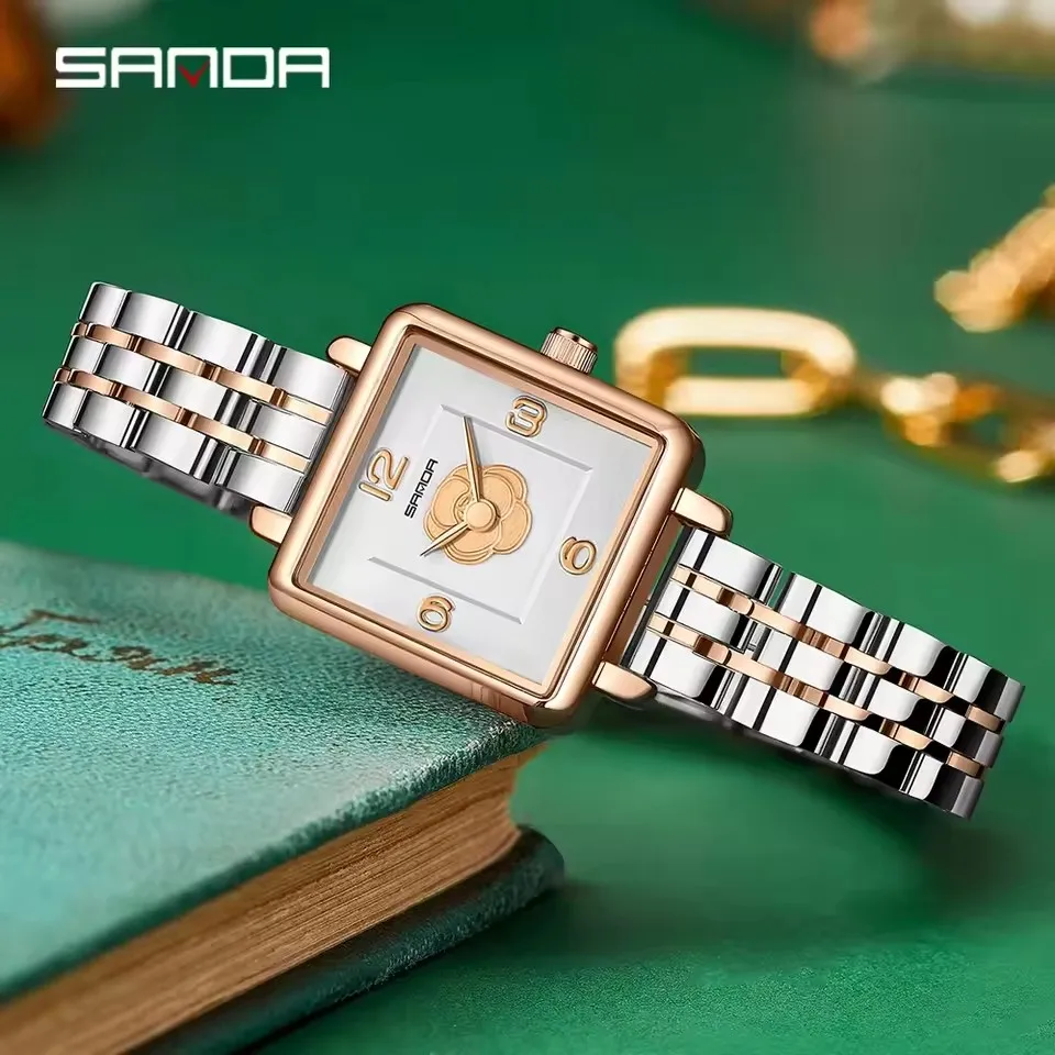 SANDA 1131 relojes de cuarzo de diseño elegante para mujer, reloj de pulsera resistente al agua con esfera cuadrada rosa a la moda para mujer, reloj de pulsera para mujer
