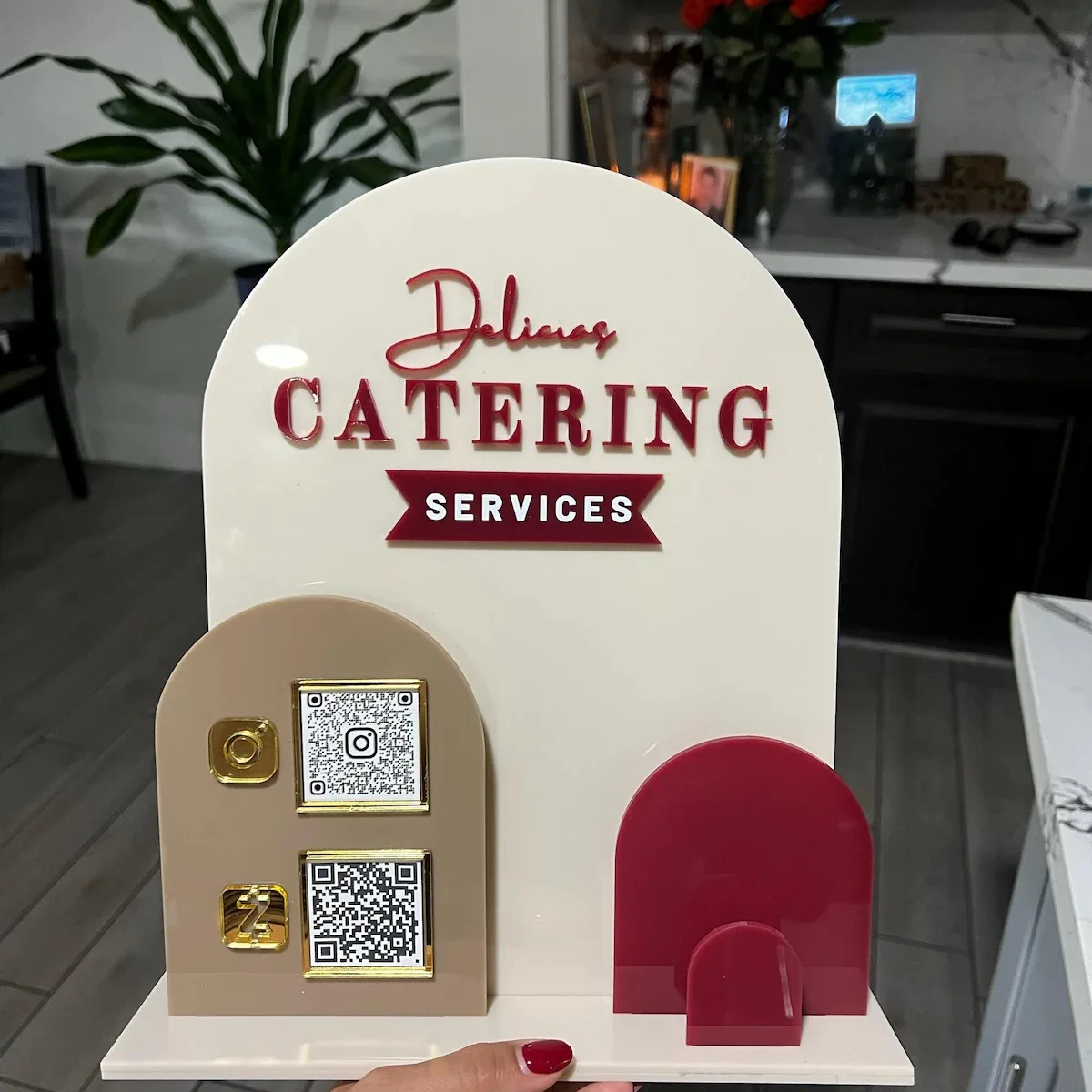 Customizable Multi-Color Arched Acrylic Desktop QR Code Display Stand With Business Card Slot For Social Media Payment Business image 5