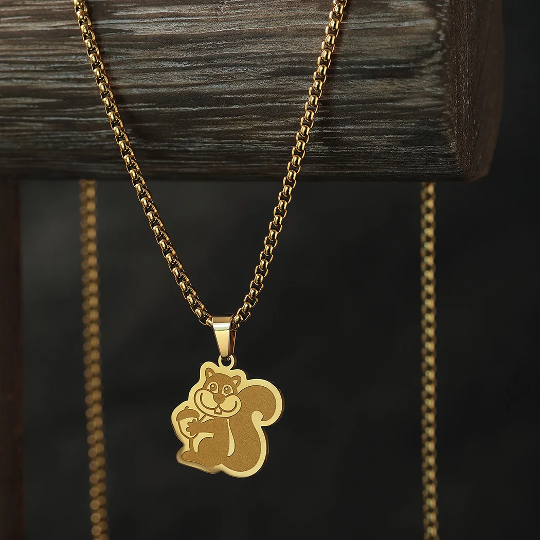 Kinitial Cartoon Squirrel Holding Acorn Necklace Pendant Chain Choker Collar Women Stainless Steel Lovely Animal Necklace Gift