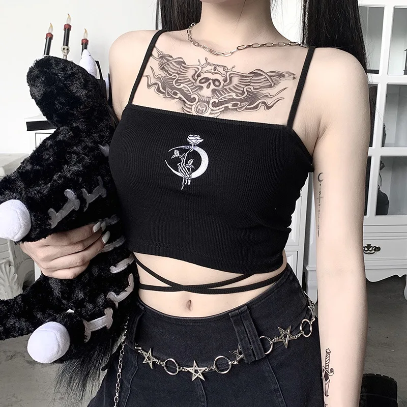 Gothic Women's Print Suspender Sleeveless Square Neck Slim Crop Top Sexy Halter Bottoming Shirt 2022 Girls Party Wear