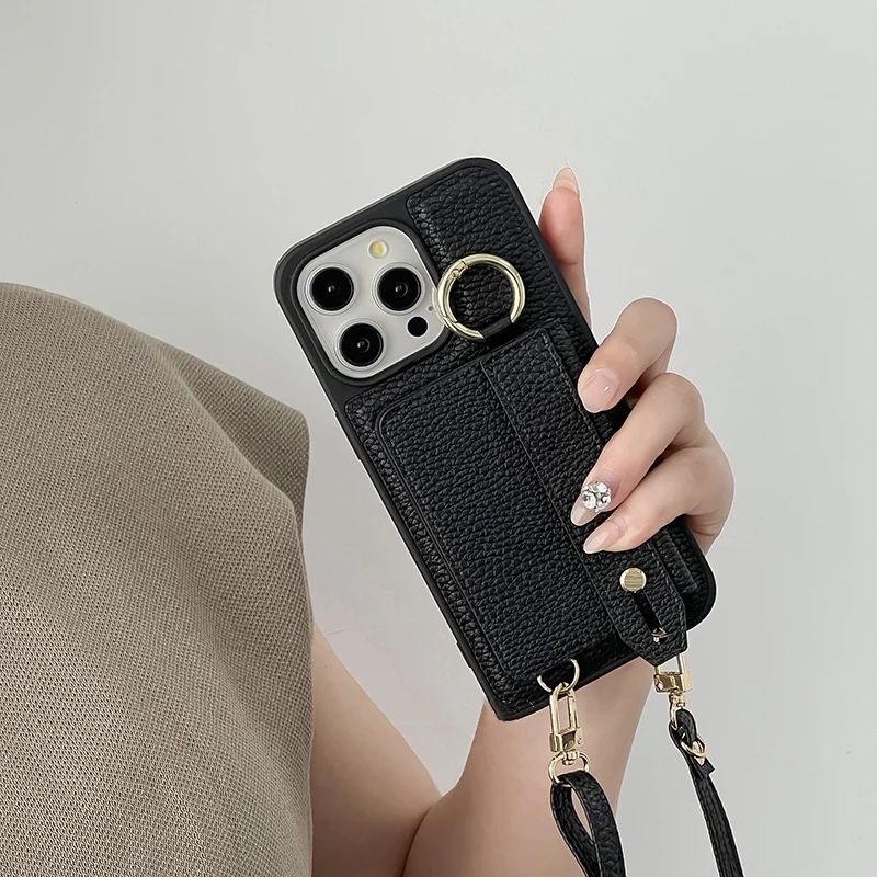 Cordão crossbody alça de pulso carteira capa de couro para iphone 16pro max 15pro 14 13pro suporte de cartão na moda capa à prova de choque