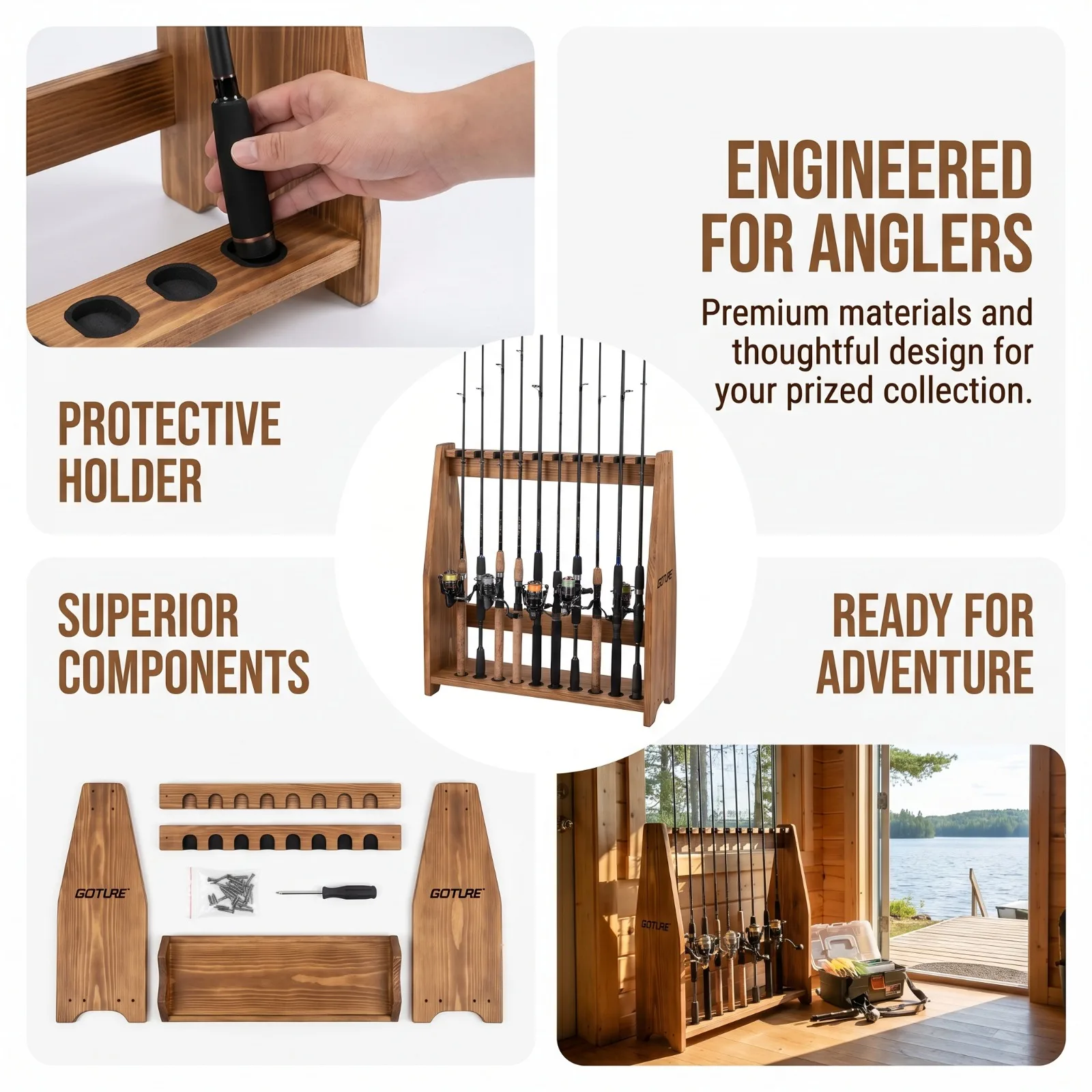 Goture 10 Slots Carbonized Pine Fishing Rod Floor Rack Easy Assembly Removable,Vertical Fishing Rod Storage Display Stand