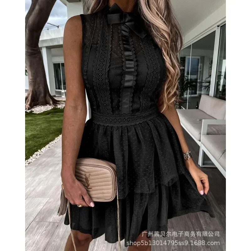 Elegant 2025 Sleeveless O Neck Bow Mesh Corset Tierred Ruffle Pleated Mini Dress Sexy Women Lace Cut Out Evening Party Dress