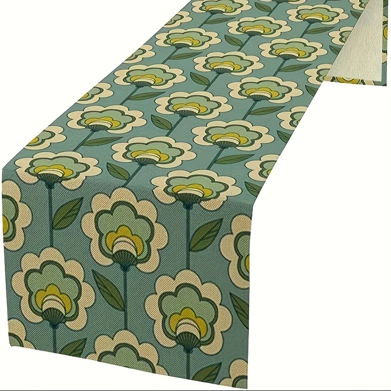Vintage 70er Jahre grüner Blumen-Tischläufer – Funky Hippie abstrakte florale Küchen-Party-Deko