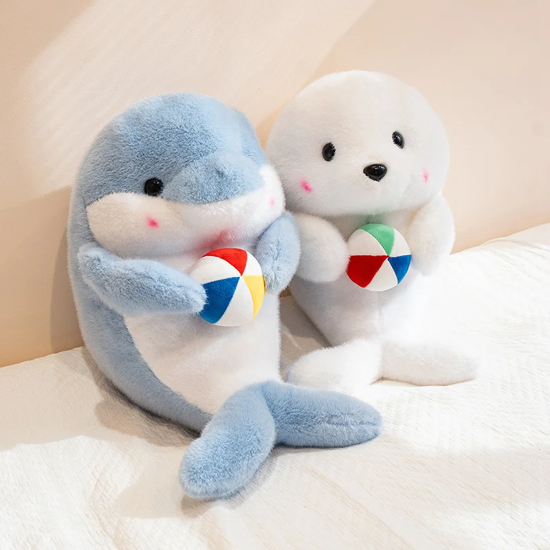

25/35/45cm Cute Ball Holding Ocean Animal Plush Toy Soft White Seal Blue Dolphin Brown Walrus Sleep Doll Birthday Gift Boys Girl