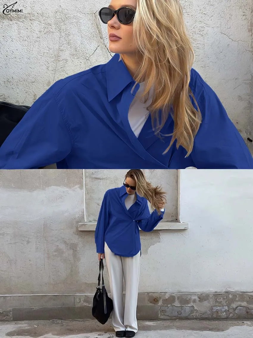 Oymimi Camicia da donna elegante in cotone blu Moda Colletto rovesciato Camicie a maniche lunghe Casual Camicette monopetto solide Donna