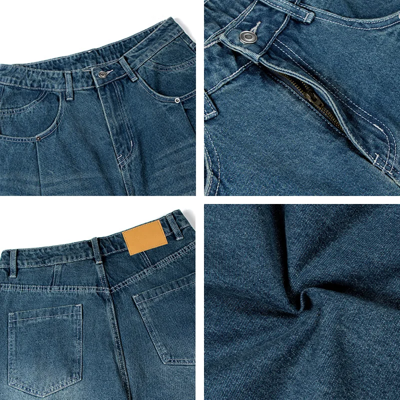 Retro Washing Water Makes Old Double-pleated Jeans for Men and Women Loose Wide-leg Mopping Casual Trousers