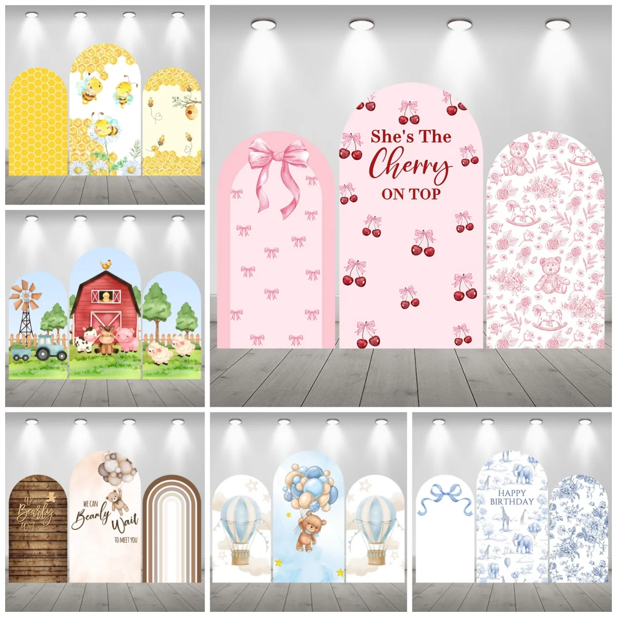 

Односторонний печать арка фон для фотосъемки медовая пчела плюшевый мишка сельскохозяйственные животные вишня день рождения детский портретный фон