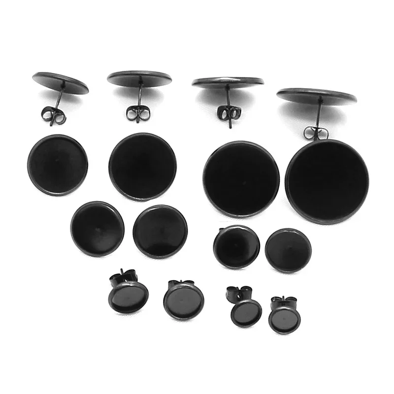 20Pc Stainless Steel Black Gold Plated Blank Base Cabochon Embossed Base Flat Earring Setting Diy Jewellery Making wholesalers