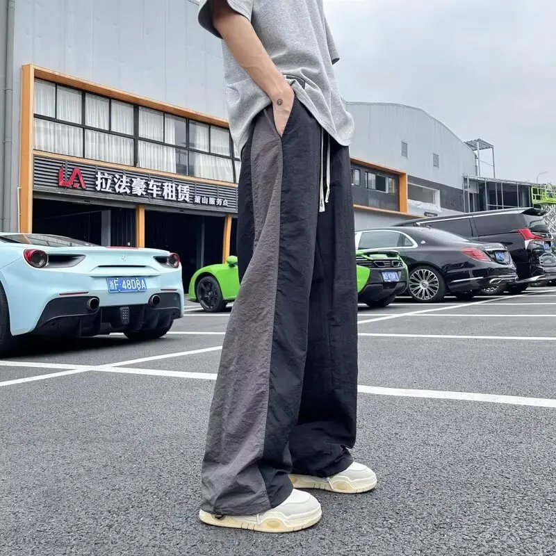 Colorblock السراويل المستقيمة الرجال بناطيل كاجوال مرونة الخصر سراويل للجري الجانب شريط البضائع السراويل الرجال الهيب هوب الشارع الشهير