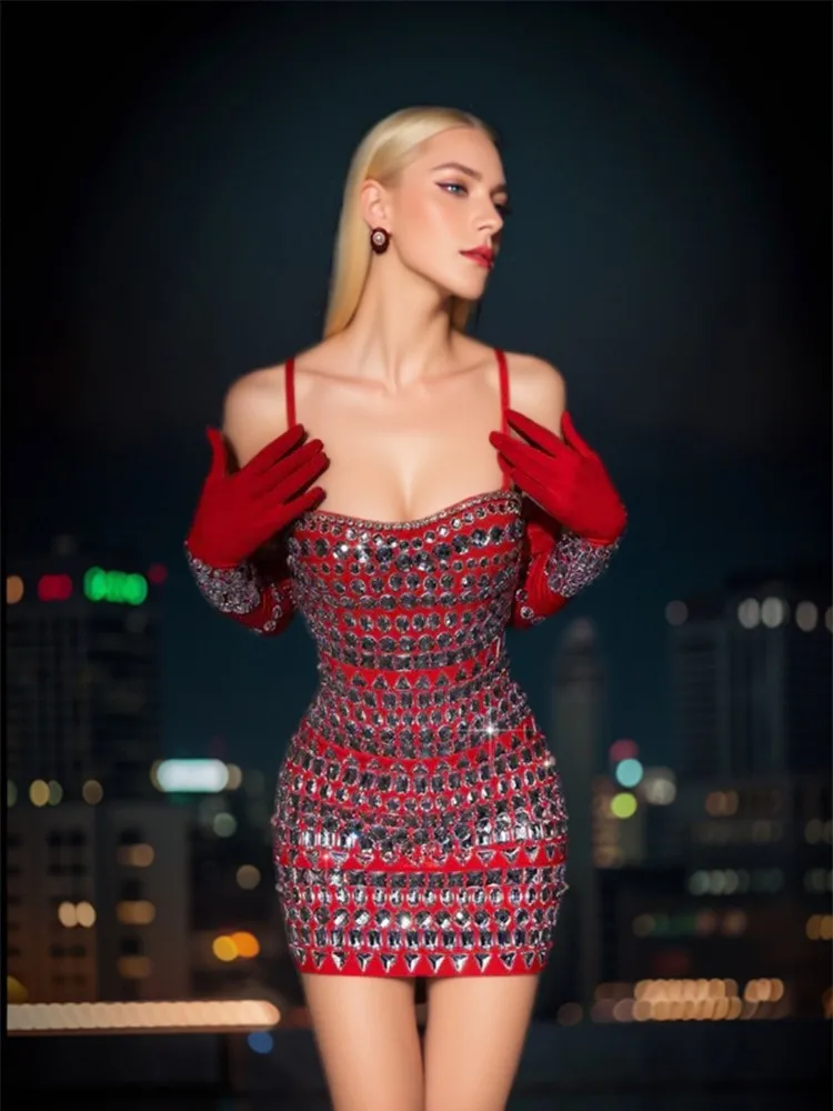 Women Celebrity Christmas Sexy Beading Gloves Black Mini Bodycon Bandage Dress 2023 Knitted Elegant Evening Club Party Dress