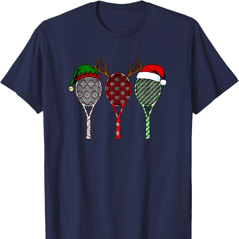 Tenis Merry Chistmas 3 Raqueta De Tenis Camiseta De Navidad, Czarna Koszulka z Krótkim Rękawem i Okrągłym Dekoltem, Bawełniana, Na Wszystkie Sezony, Do Noszenia na Zewnątrz