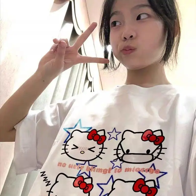 تي شيرت كارتوني من Sanrios Hello Kittys Kawaii لطيف بأكمام قصيرة فضفاض ومتعدد الاستخدامات ومريح وقابل للتنفس هدية لصديقتك