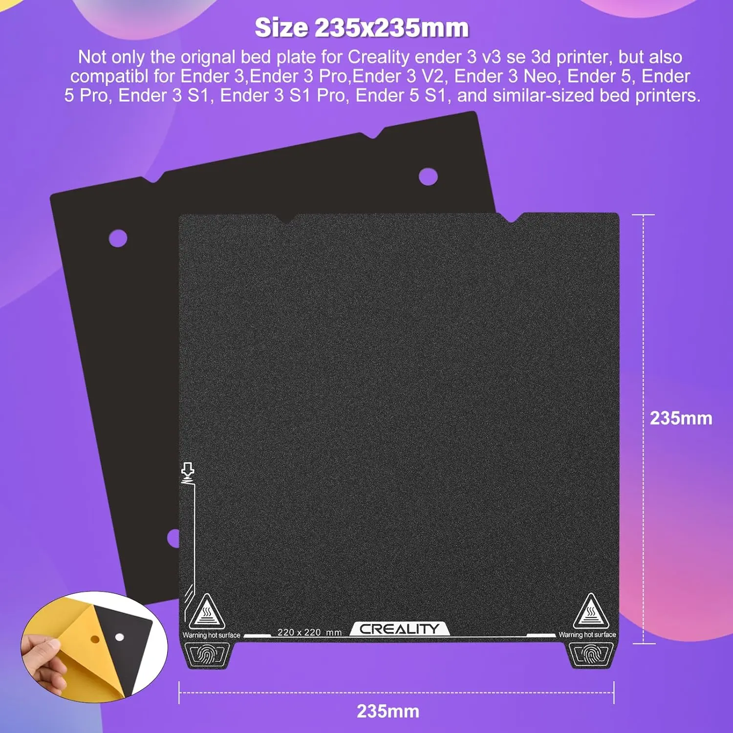Creality Ender 3 V3 SE Federstahlblechplatte, magnetisch, flexibel, abnehmbar, Plattform-Set für Ender 3 V3 SE/3 V2/3 Pro, 220 x 220 mm – Detail 7