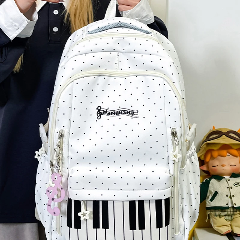 Piano Key Polka Dot Backpack Large Capacity Student Schoolbag Cute Music Note Decor Rucksack Lightweight Daily Laptop Backpack