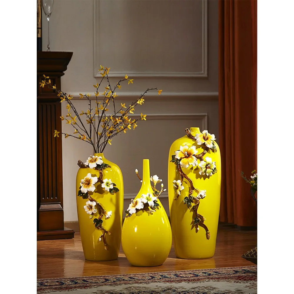 Jingdezhen Yellow Ceramic Vase Decoration, Living Room, Dinner Side Cabinet, foyer, Modern Art Creative Floor to Floor Decorativ