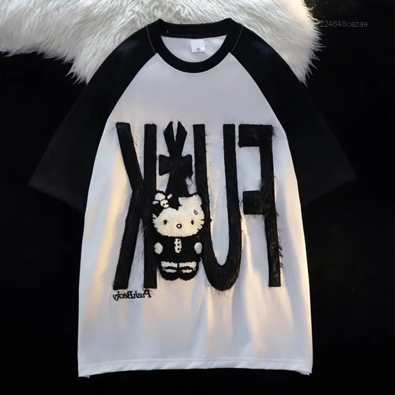 Sanrio Hello Kitty New Short Sleeve T-shirts Y2k Couples Loose Trend Tops Women Streetwear Oversized Tees Summer Female Clothing