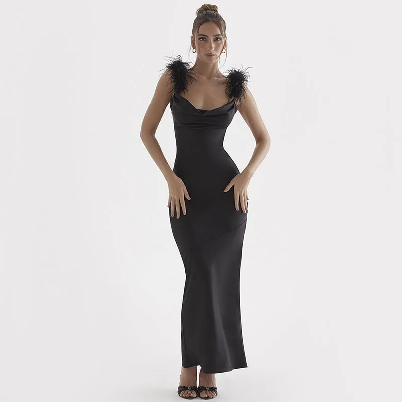 Feather V-Neck Fishtail Dress French Style Black Fashion Luxury Texture Straight Shoulder Strapless Slim Wine Party Gown New