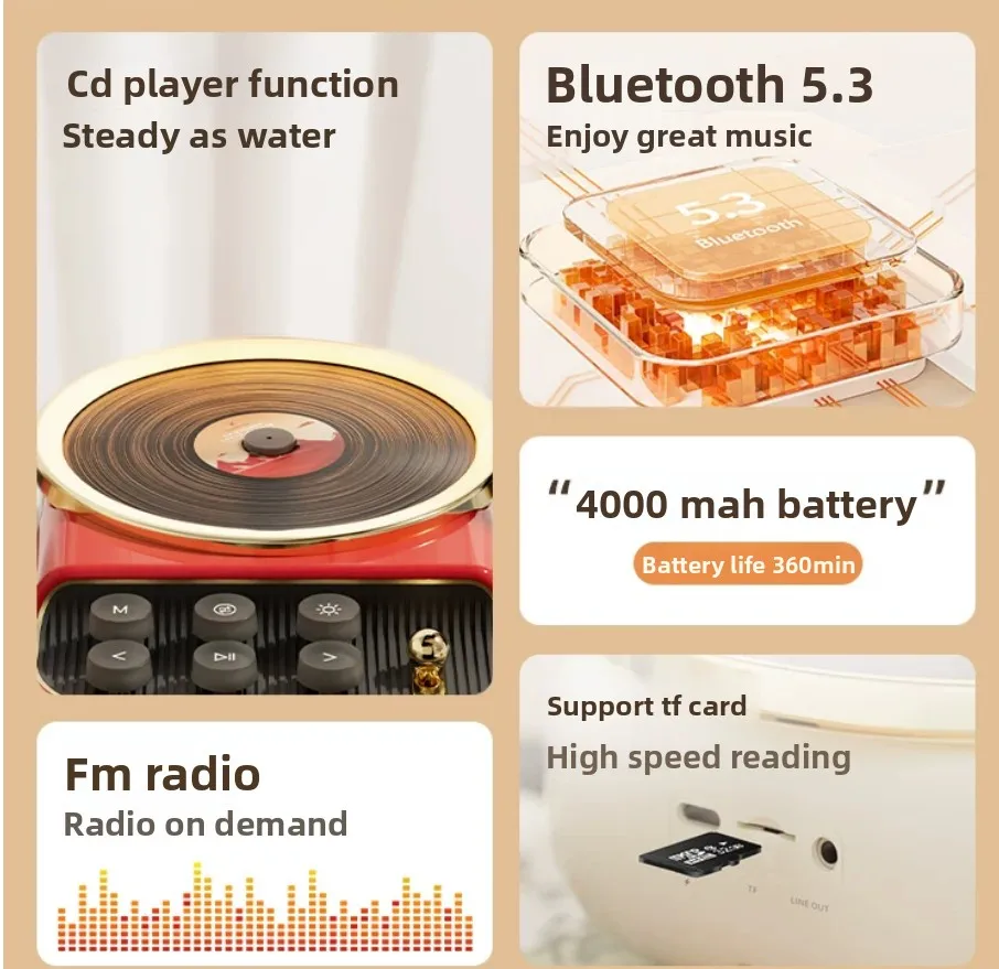 Vintage 4-in-1 Portable CD Player Bluetooth 5.3 FM Radio Night Light Dual 5W Speakers 4000mAh