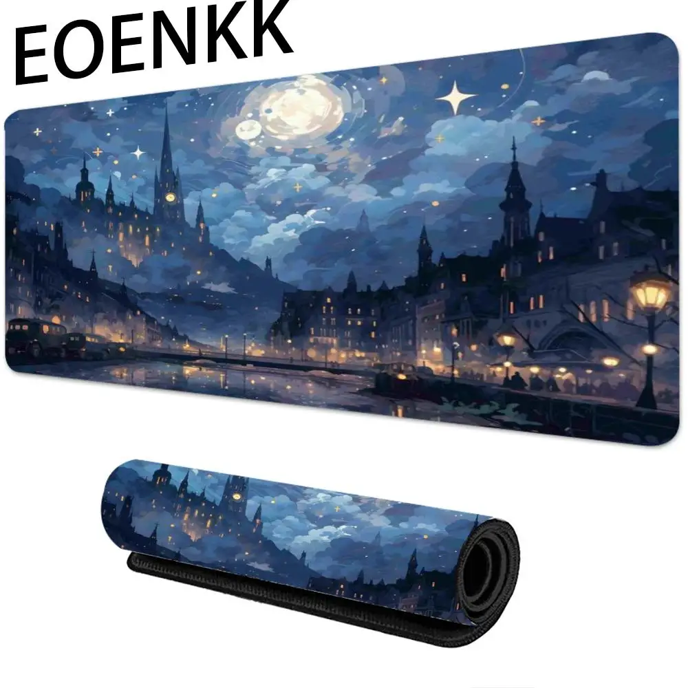 Alas Mouse Pemandangan Malam Alas Meja Permainan Kantor Komputer Besar Alas Mouse Keyboard Gaming Karet Antiselip Alas Meja Panjang