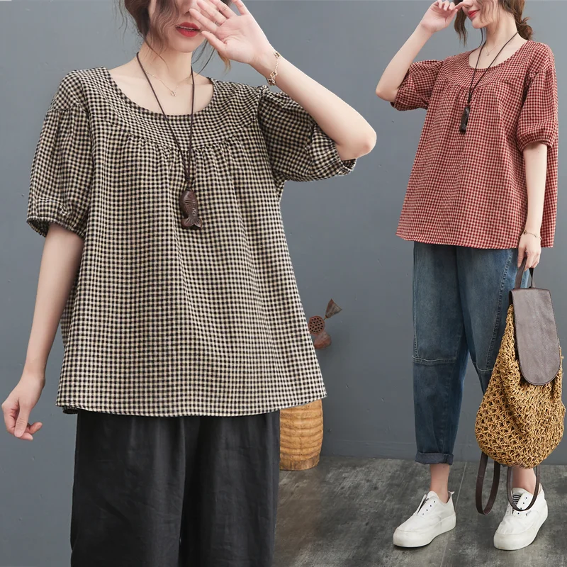 

Slimming Large Size Women's Cotton Linen round Neck T-Shirt Summer New Style Korean Commute Style Plaid Loose Fit Slimming Ef...