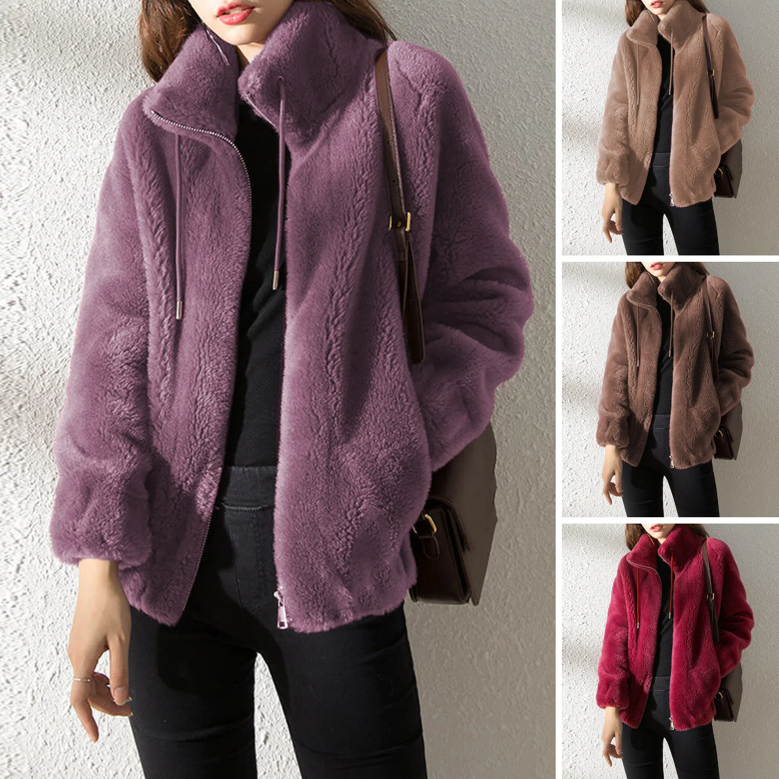 Women Stand Collar Jacket Plush Double-sided Winter Coat with Stand Collar Zipper Closure for Commute Travel Warm for Women