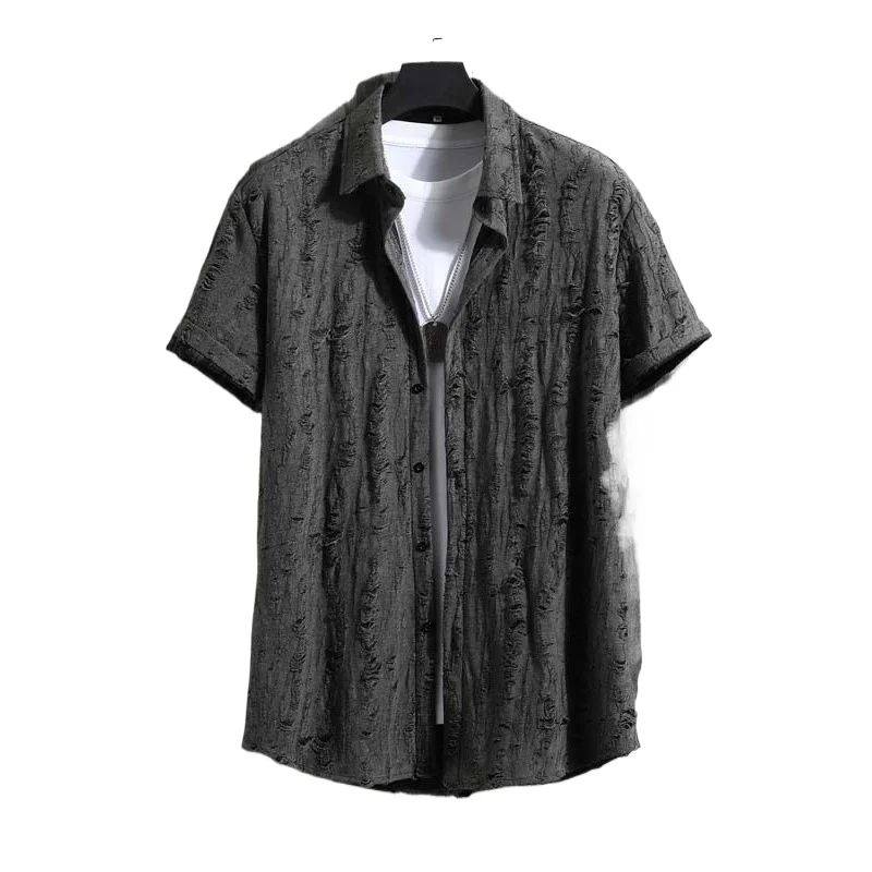 Summer Knitting Fashion Loose Casual Men's Hollow Short Sleeve Shirt Men's Top