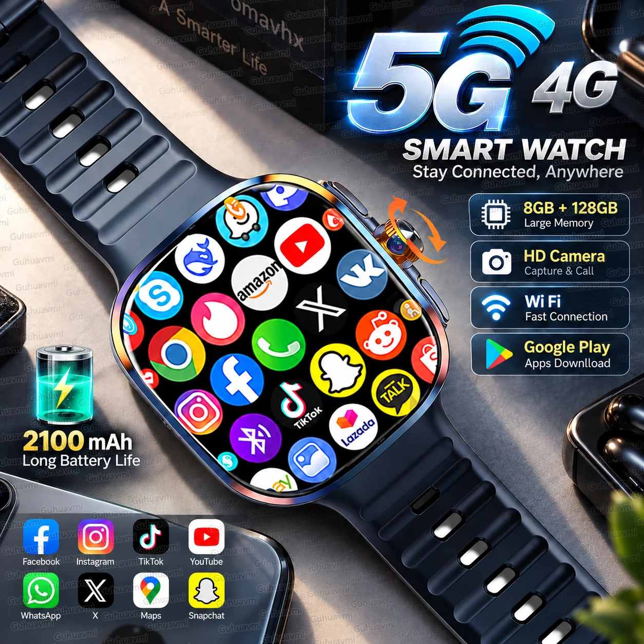 5G Full Network SIM Smart Watch AMOLED Screen 900W Video Call Camera 8GB+128GB Big Memory GPS WIFI Google Play Android Watch Men