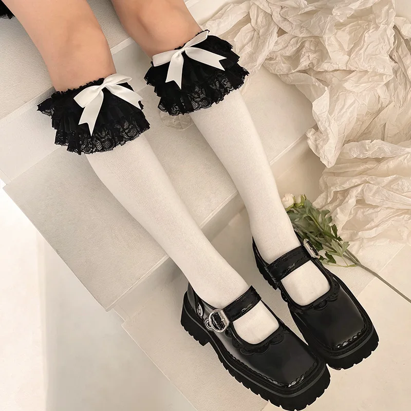 JK Lolita Women Stockings Y2k Girls Ruffle Long Socks Stockings Japanese Style Kawaii Bowknot Cute Lacework Knee Socks Stockings