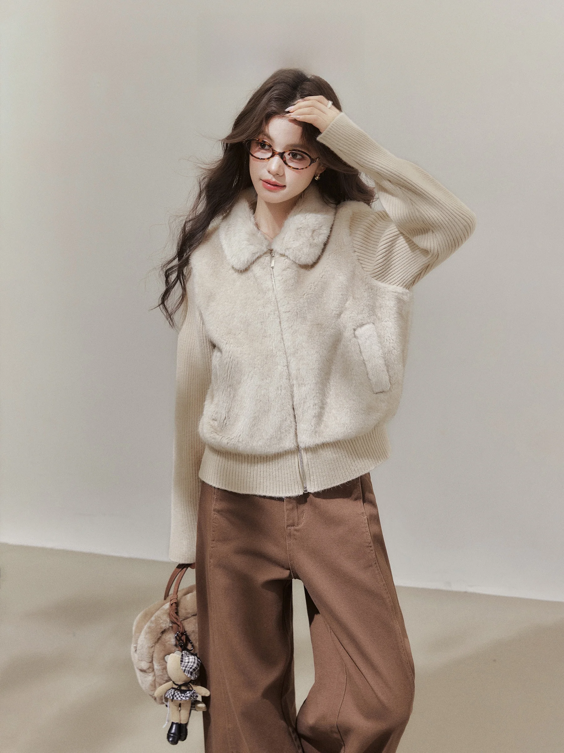 

Elegant Knitted Zipper Collar Fake Two-Piece Sweater Jacket Women's Autumn Winter Fashion Outerwear by Wang Ou Xixi