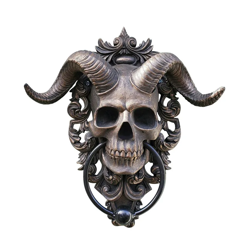 Hell Demon Horned Skull Door Knocker Retro Skeleton Head Gothic Resin Stant Skull Sheep Horns Statue Doorring Wall Pendant Craft